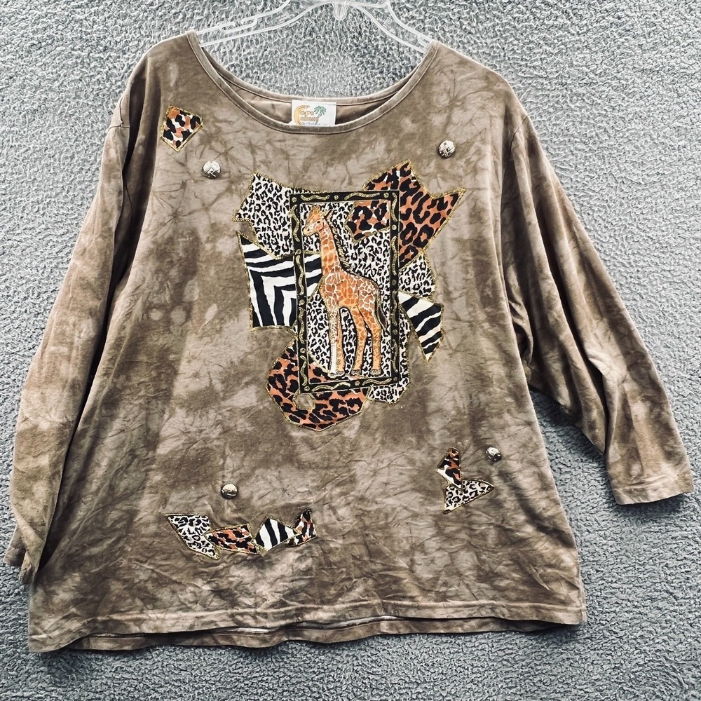 Womens Safari Animal Graphic Top 3X Plus Tie Dye Studded Relaxed Boho USA Made